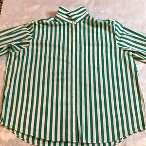 GAP, green and white striped long sleeve button up shirt.